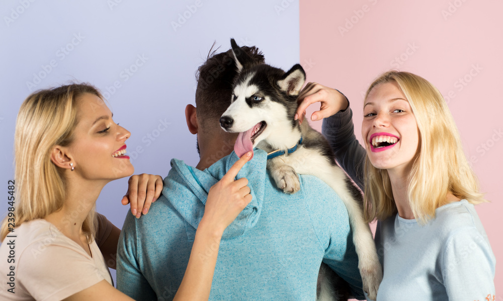 Play with your dog to help him live to his fullest. Happy family have fun with husky dog. Happy women and man play with family pet. Friends with purebred dog breed. Pet sitters care for the pet