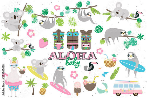 Fototapeta Naklejka Na Ścianę i Meble -  Set of fun cartoon animals for baby shower or birthday party. Editable vector illustration