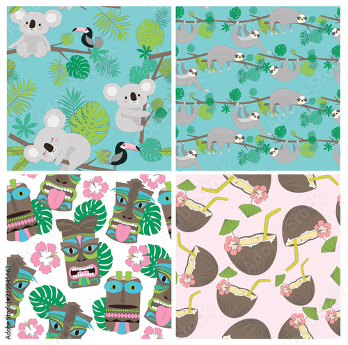 Seamless pattern set with sloth and koala and tropical plant. Editable vector illustration