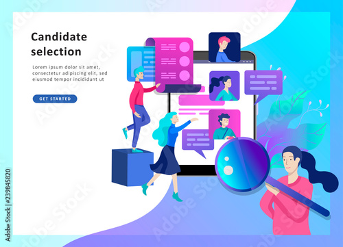 Concept Landing page template Human Resources and selection candidates, banner, presentation, social media. Recruitment for web page. Vector illustration filling out resumes, hiring employees