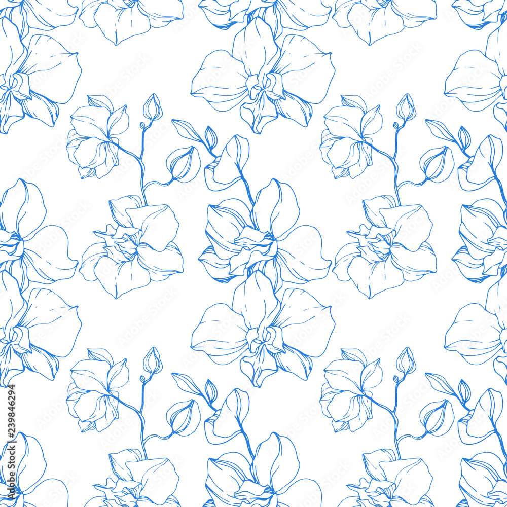 Obraz premium Vector Blue Orchid flower. Engraved ink art. Seamless background pattern. Fabric wallpaper print texture.
