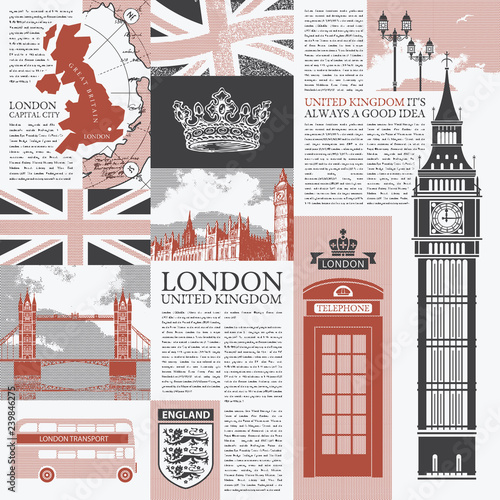 Vector seamless background on the theme of the UK and London with newspaper publications, architectural landmarks, British symbols and flag in retro style. Can be used as Wallpaper or wrapping paper