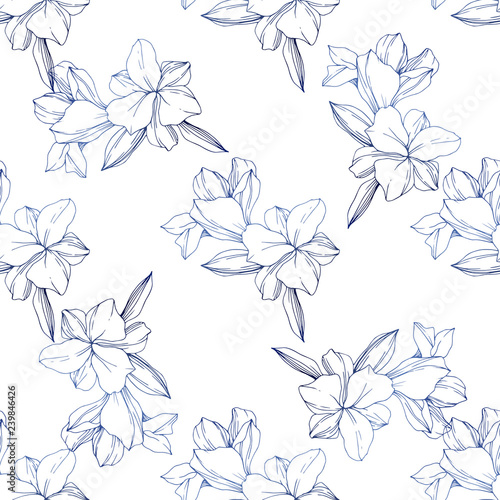 Wallpaper Mural Vector Blue Orchid flower. Engraved ink art. Seamless background pattern. Fabric wallpaper print texture. Torontodigital.ca