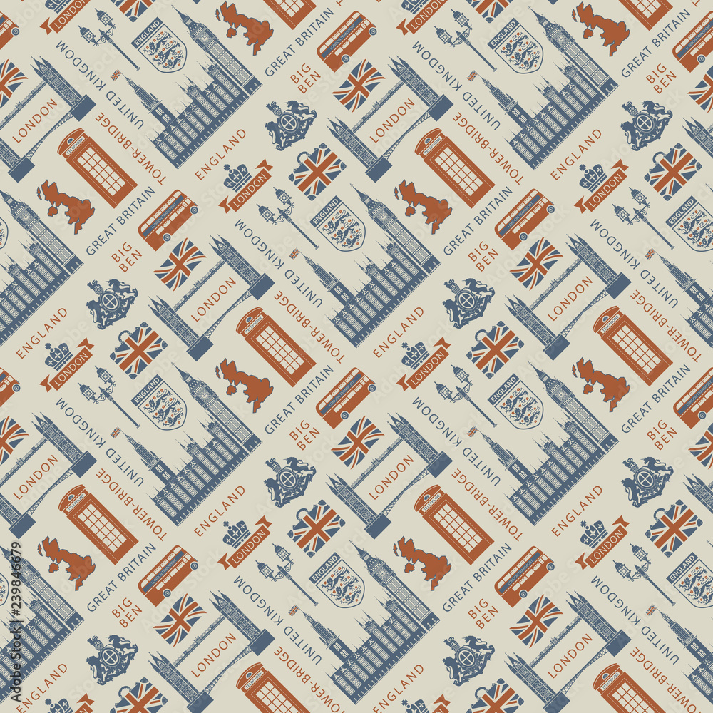 Vector seamless Background on UK and London theme with British symbols, architectural landmarks and flag of the United Kingdom in retro style. Can be used as wallpaper or wrapping paper