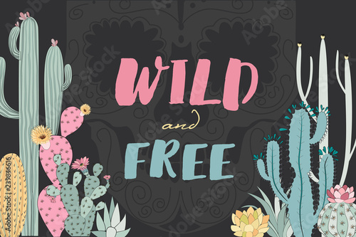 Poster with cactus and succulent in sketch style. Editable vector illustration