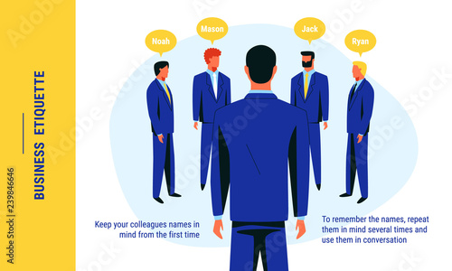 Group of business men at the meeting. New office worker trying to remember his colleagues names. Corporate culture and negotiations tip. Professional ethics. Business etiquette vector illustration. 