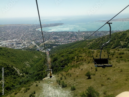 mountain, landscape, sky, nature, mountains, view, forest, travel, blue, green, cable, hill, trees, summer, high, hills, scenic, cable car, clouds, grass, alps, tree, ski, scenery, cableway