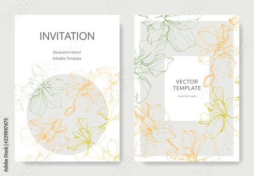 Vector. Orchid engraved ink art. Wedding background card. Thank you, rsvp, invitation elegant card illustration graphic.