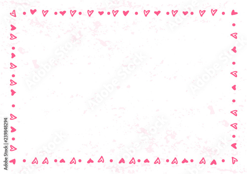 Decorative frame of hearts and dots in pink on white textured background for decoration, oster, anner,postcard, greeting card,gift tag,text, lettering,advertising,valentines day,valentine, invitation