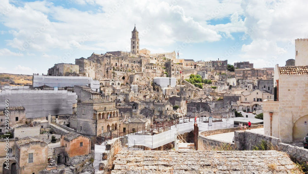 Foreshortening on crowded and unique white houses of Matera town