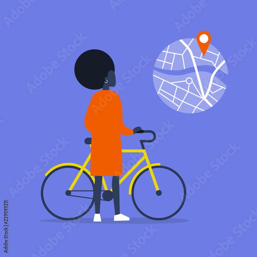 Young black female character standing with a bike. Urban transport. Healthy lifestyle. Using a navigational app. Map and geo tag. Millennials and devices.