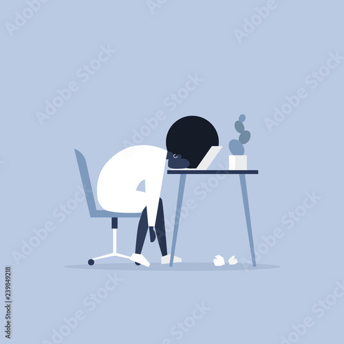 Professional burnout. Young exhausted black female manager sitting at the office. Long working day. Millennials at work. Flat editable vector illustration, clip art