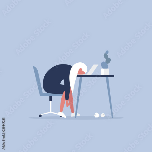 Professional burnout. Young exhausted female manager sitting at the office. Long working day. Millennials at work. Flat editable vector illustration, clip art