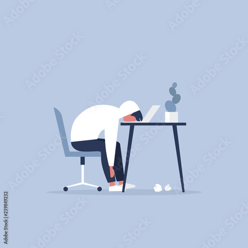 Professional burnout. Young exhausted manager sitting at the office. Long working day. Millennials at work. Flat editable vector illustration, clip art