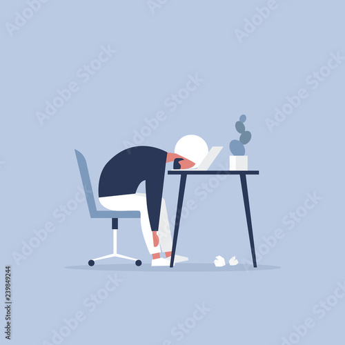 Professional burnout. Young exhausted manager sitting at the office. Long working day. Millennials at work. Flat editable vector illustration, clip art