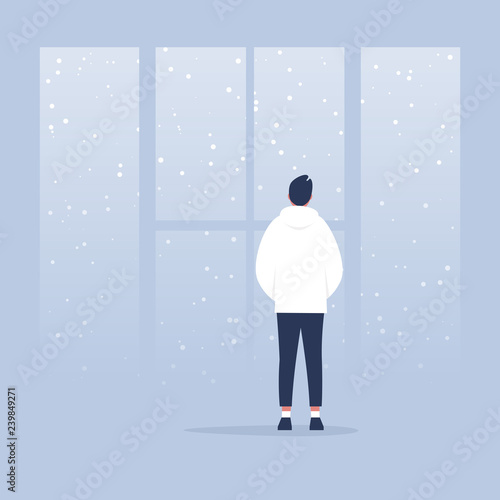 Winter, snowfall. Contemplate. Meditate. Harmony. Young calm character looking through the window. Back view. Conceptual illustration, clip art