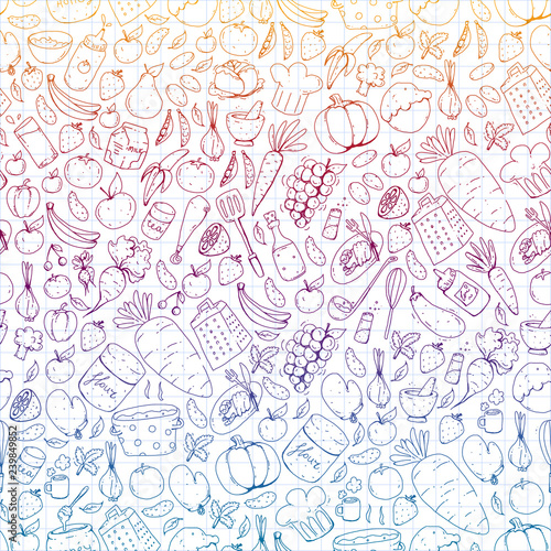 Kitchen and cooking seamless pattern. Icons of food and drinks.