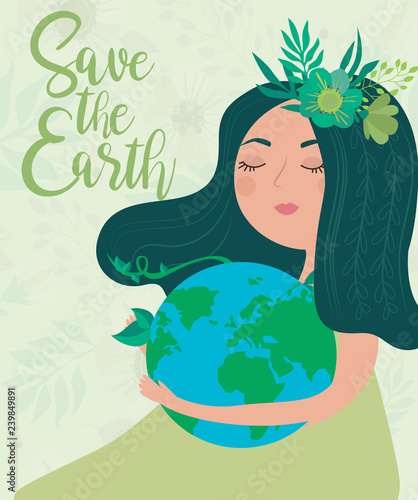 Earth Day poster with planet and girl. World environment day background. Save the earth. Green day. Editable vector illustration 