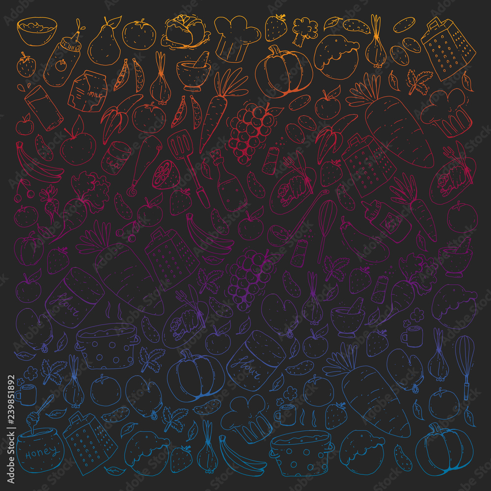 Kitchen and cooking seamless pattern. Icons of food and drinks. Kitchen and cooking seamless pattern. Icons of food and drinks.