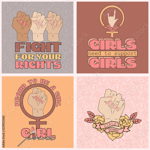 Set of Girl Power and Feminist idea posters with motivating quotes and inspirational elements in the style of a sketch tattoo. Editable vector illustration