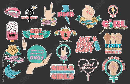 Set of elements Girl Power and Feminist idea with motivating quotes and inspirational elements in the style of a sketch tattoo. Editable vector illustration