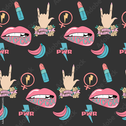 Seamless pattern Girl Power and Feminist idea in the style of a sketch tattoo. Editable vector illustration