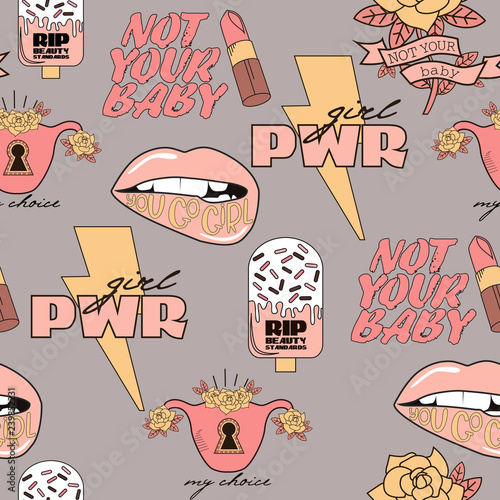 Seamless pattern Girl Power and Feminist idea in the style of a sketch tattoo. Editable vector illustration