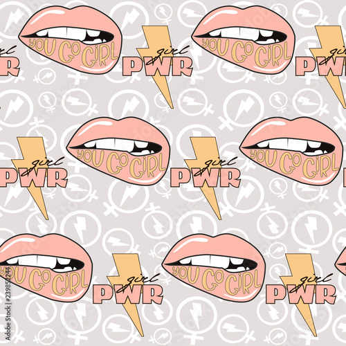 Seamless pattern Girl Power and Feminist idea in the style of a sketch tattoo. Editable vector illustration