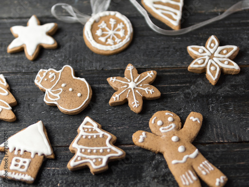 ginger Christmas cookies in the form of different attributes of the holiday