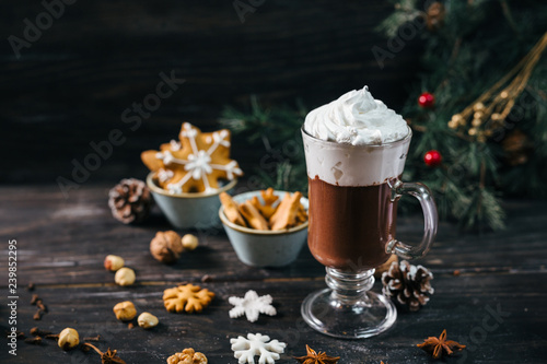 hot chocolate drink on christmas decorated background