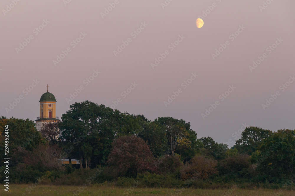 landscape; yellow church tower in forest at dusk