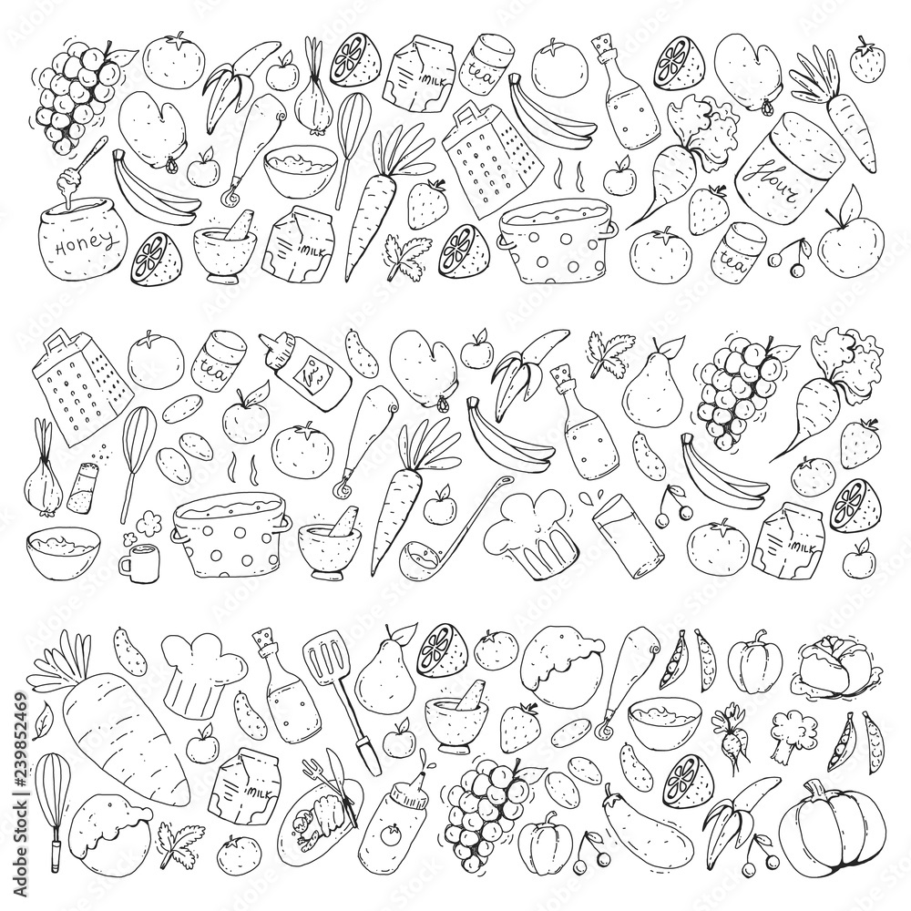 Kitchen and cooking seamless pattern. Icons of food and drinks. Colorful images for wrapping paper, textile, fabric