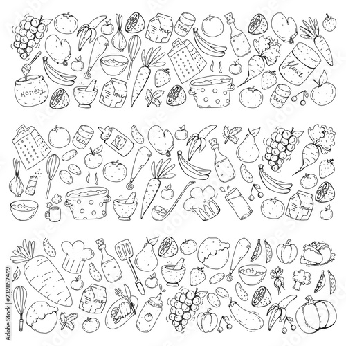 Fototapeta Naklejka Na Ścianę i Meble -  Kitchen and cooking seamless pattern. Icons of food and drinks. Colorful images for wrapping paper, textile, fabric