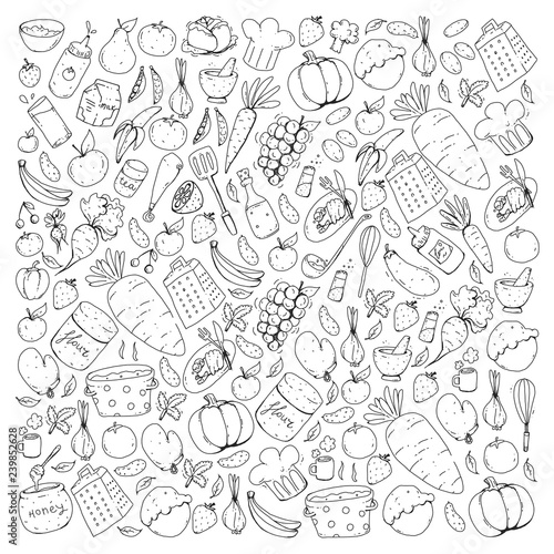 Kitchen and cooking seamless pattern. Icons of food and drinks. Colorful images for wrapping paper, textile, fabric
