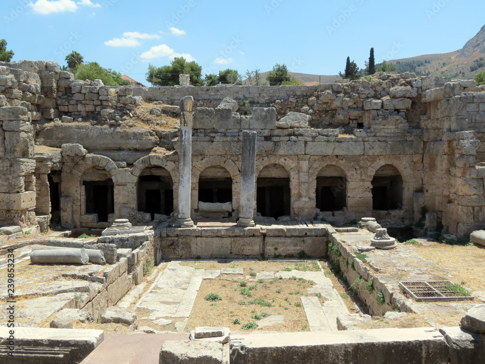 Europe, Greece, Corinth,remains of an ancient dwelling  with a swimming pool, front view