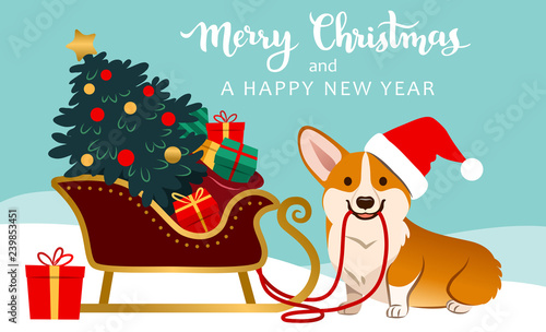 Cute corgi dog in Santa hat ready to pull sleigh with decorated Christmas tree and colorful gifts vector illustration. Pets, dogs, Christmas, winter holidays, new year theme for greeting cards.