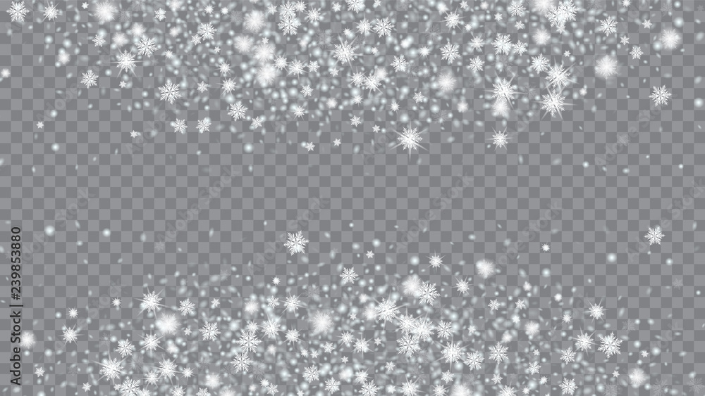 Flying snow background. Card or banner with flakes confetti scatter frame, snow elements. Holiday Christmas card design. Transparent base. Flying snow background. Card or banner with flakes confetti scatter frame, snow elements. Holiday Christmas card design. Transparent base.