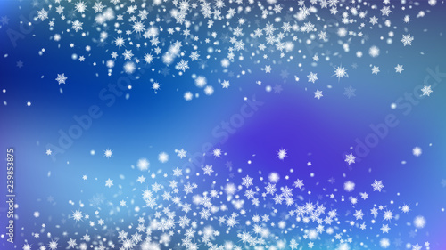 Glitter Snowflakes Background. Holiday frame for New Year greetings. Bbright, White, Shimmer, Glowing, Scatter, Falling background. Gradient base.