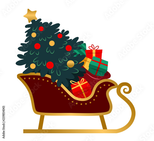 Santa's sleigh with brightly decorated Christmas tree and sack of colorful wrapped gifts. Simple vintage style flat vector cartoon illustration design element in gold, burgundy, red and green colors.