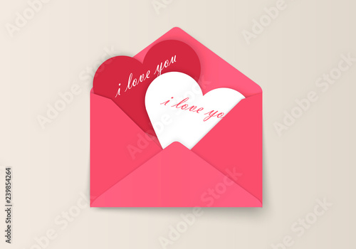 Love letter Valentine's Day envelopes with paper and an inscription "I love you" isolated on white background. Vector illustration.
