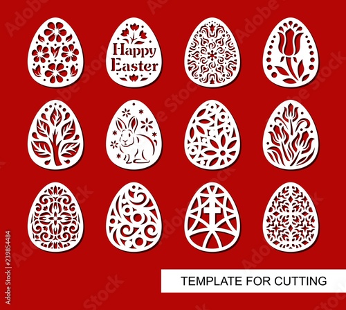 Set of decorative elements - Easter Eggs with flowers and patterns. Template for laser cutting, wood carving, paper cut and printing. Vector illustration.