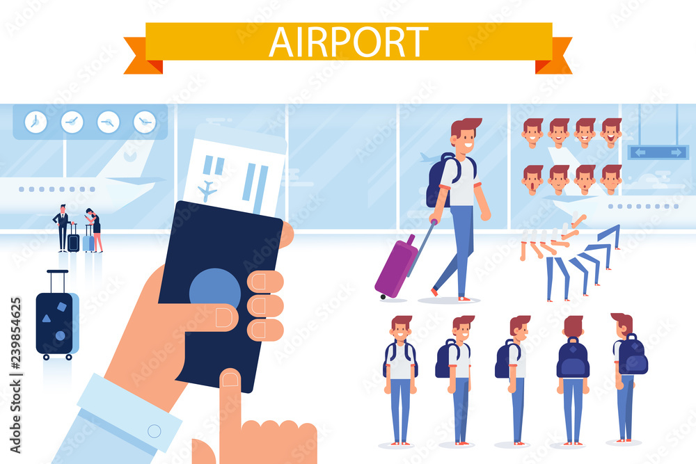 Airport. People traveling design. Front, side, back, 3/4 view animated character. Treveler man character with luggage. Constructor with various views, face emotions, poses. Cartoon style, flat vector 