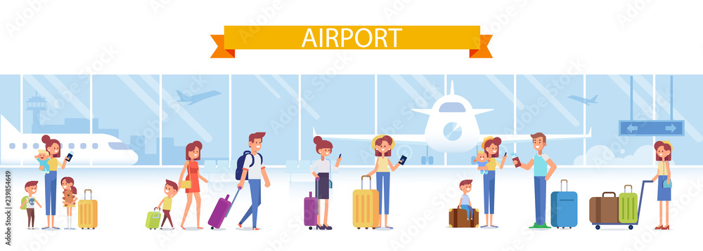 Cartoon people with luggage in airport waiting for flight. Flat vector illustration.