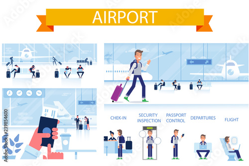 Airport horizontal background.  People sitting and walking in airport terminal. Flat vector illustration.