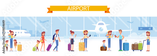 Cartoon people with luggage in airport waiting for flight. Flat vector illustration.