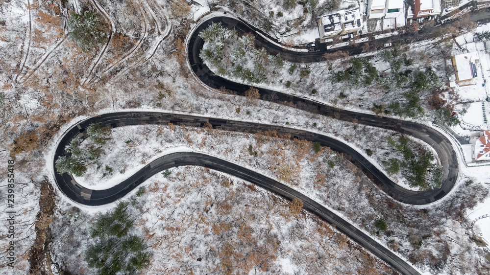 Aerial view of curvy road in Mecsek forest