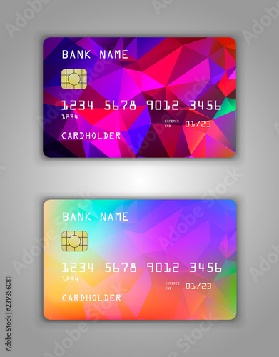 Bank card. Modern credit card template design. Red, blue, Multicolor, bright, youth color. Triangles