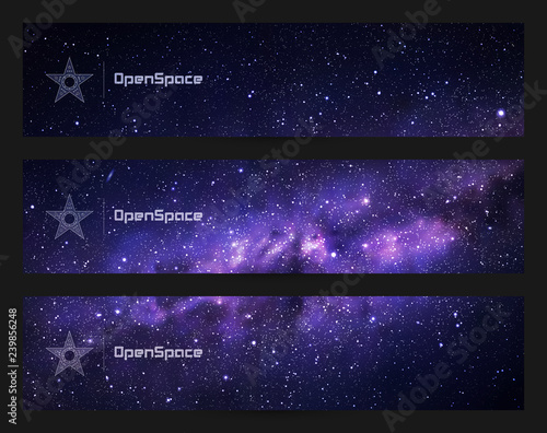 Set of horizontal banners with night starry sky and Milky Way. Space dark background with fragment of our galaxy. Abstract colorful headers for website.