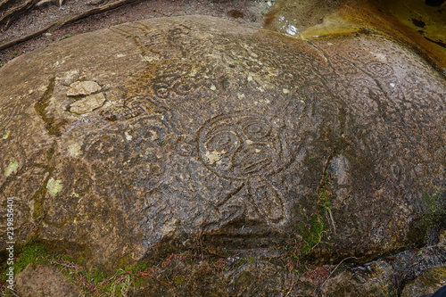 CLOSE UP: Cool petroglyphs are carved into a large boulder in remote forest.