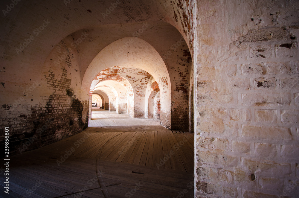 Brick arch walls inside the hallway of Fort Pulaski National Monument in Georgia